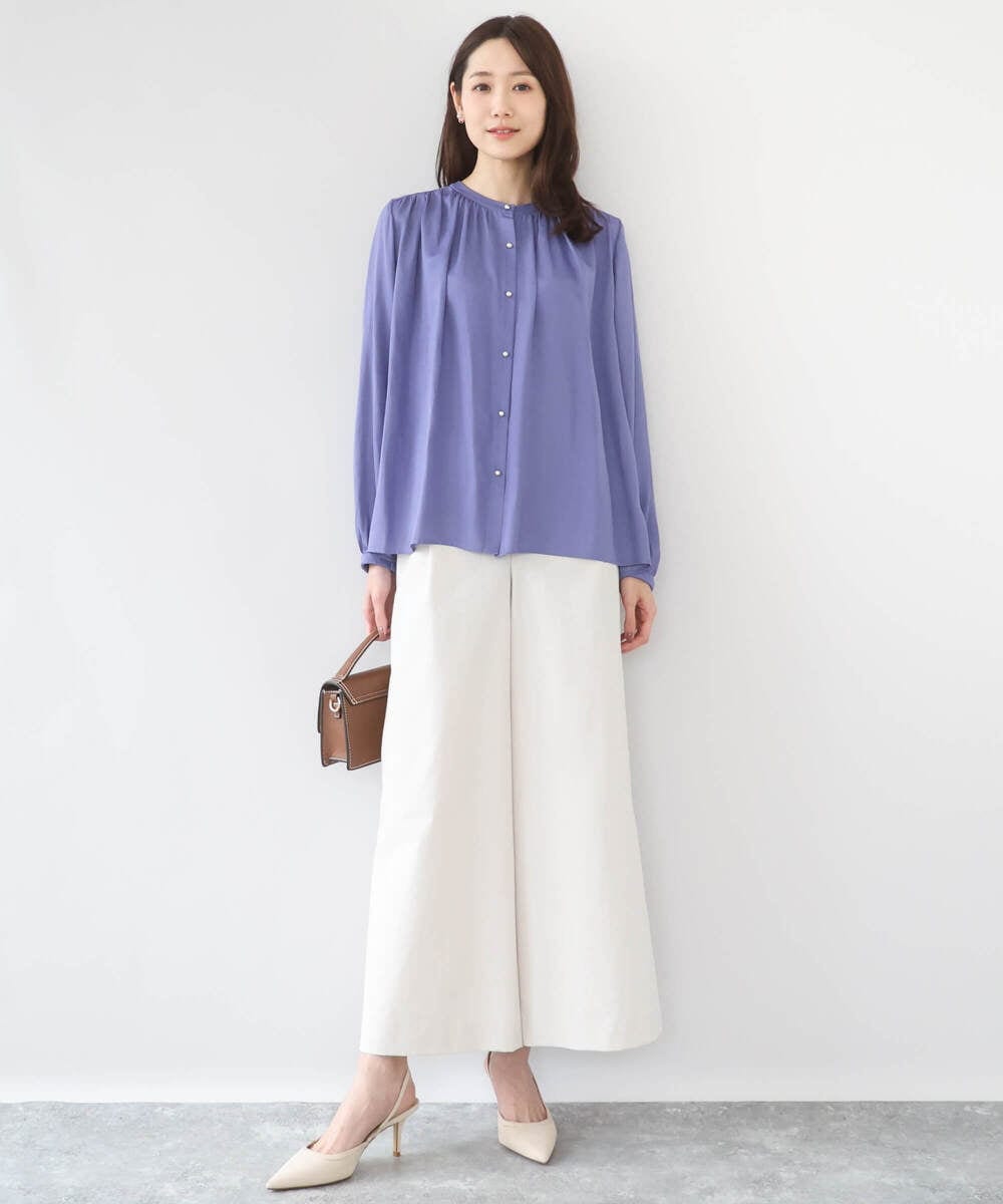 F1BGD35140 MK MICHEL KLEIN(小さいサイズ)(メゾン ドゥ サンク) 【小さいサイズ】バンドカラーサテンブラウス/接触冷感/UVカット/洗える ベージュ