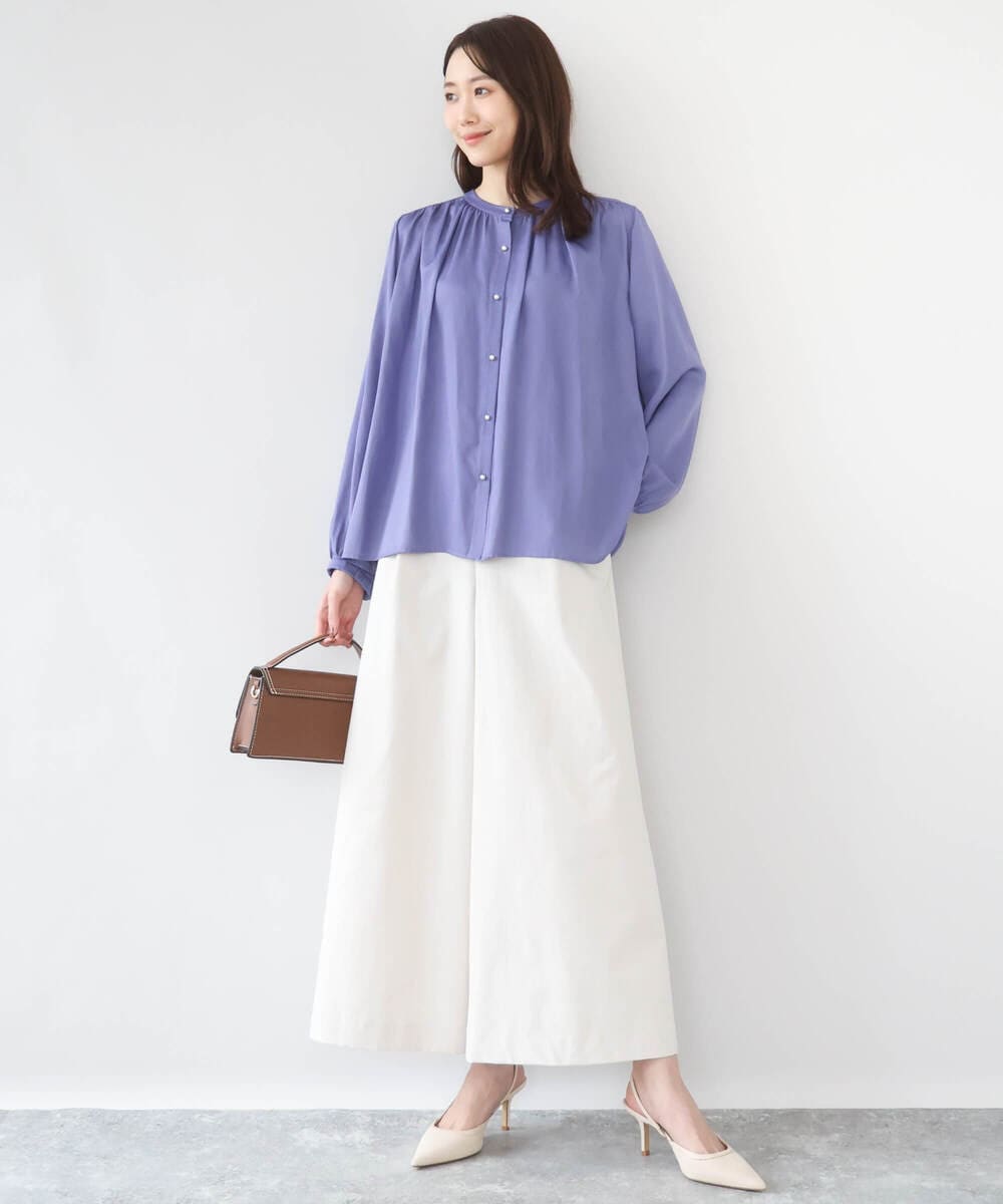 F1BGD35140 MK MICHEL KLEIN(小さいサイズ)(メゾン ドゥ サンク) 【小さいサイズ】バンドカラーサテンブラウス/接触冷感/UVカット/洗える ベージュ