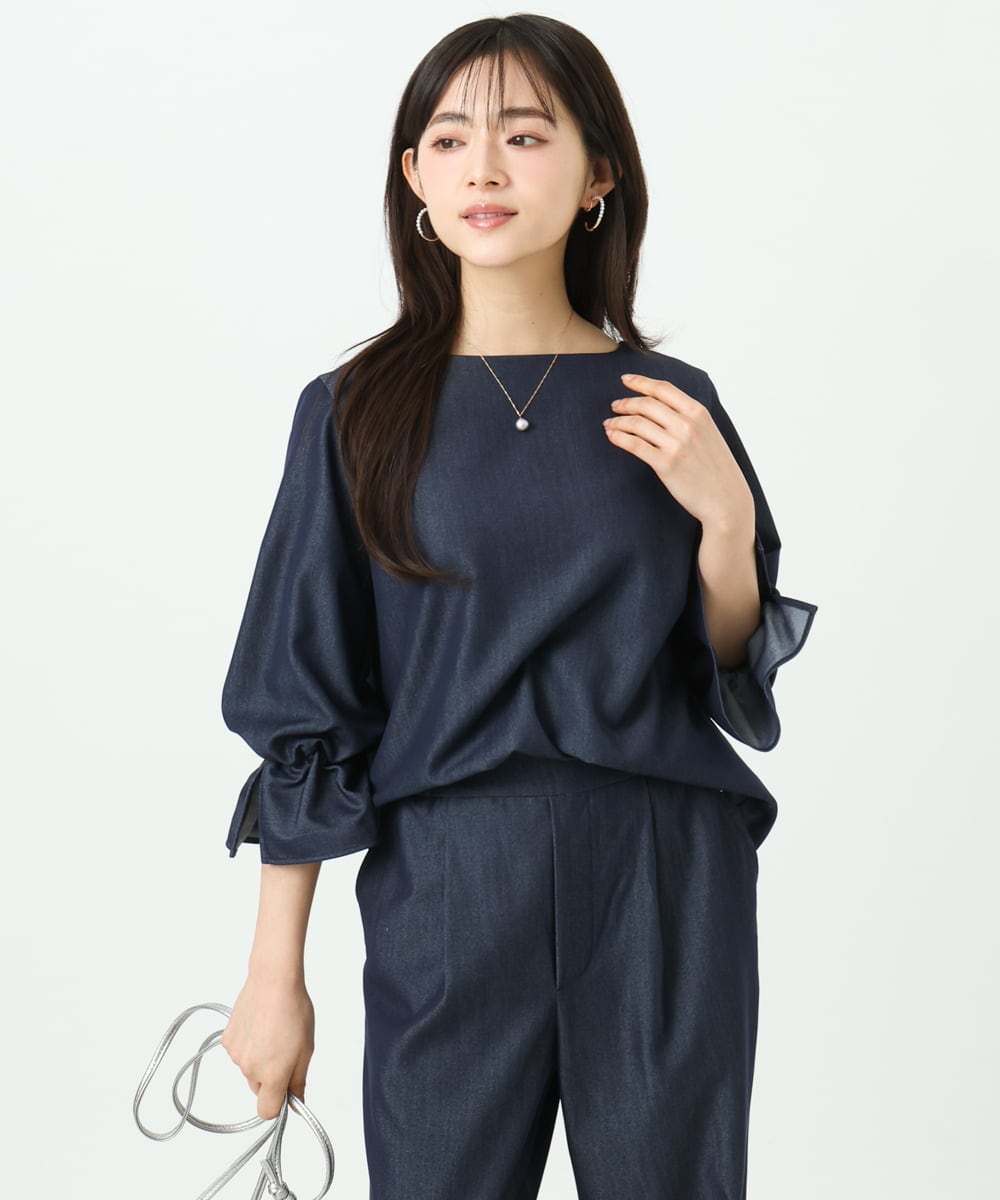 F1BGD36140 MK MICHEL KLEIN(小さいサイズ)(メゾン ドゥ サンク) 【小さいサイズ】[SANAGARAシリーズ]デニムライク キャンディースリーブブラウス/接触冷感/UVカット/洗濯機で洗える ネイビー