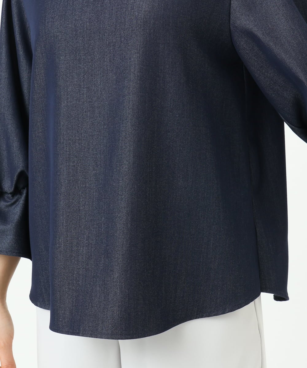 F1BGD36140 MK MICHEL KLEIN(小さいサイズ)(メゾン ドゥ サンク) 【小さいサイズ】[SANAGARAシリーズ]デニムライク キャンディースリーブブラウス/接触冷感/UVカット/洗濯機で洗える ネイビー