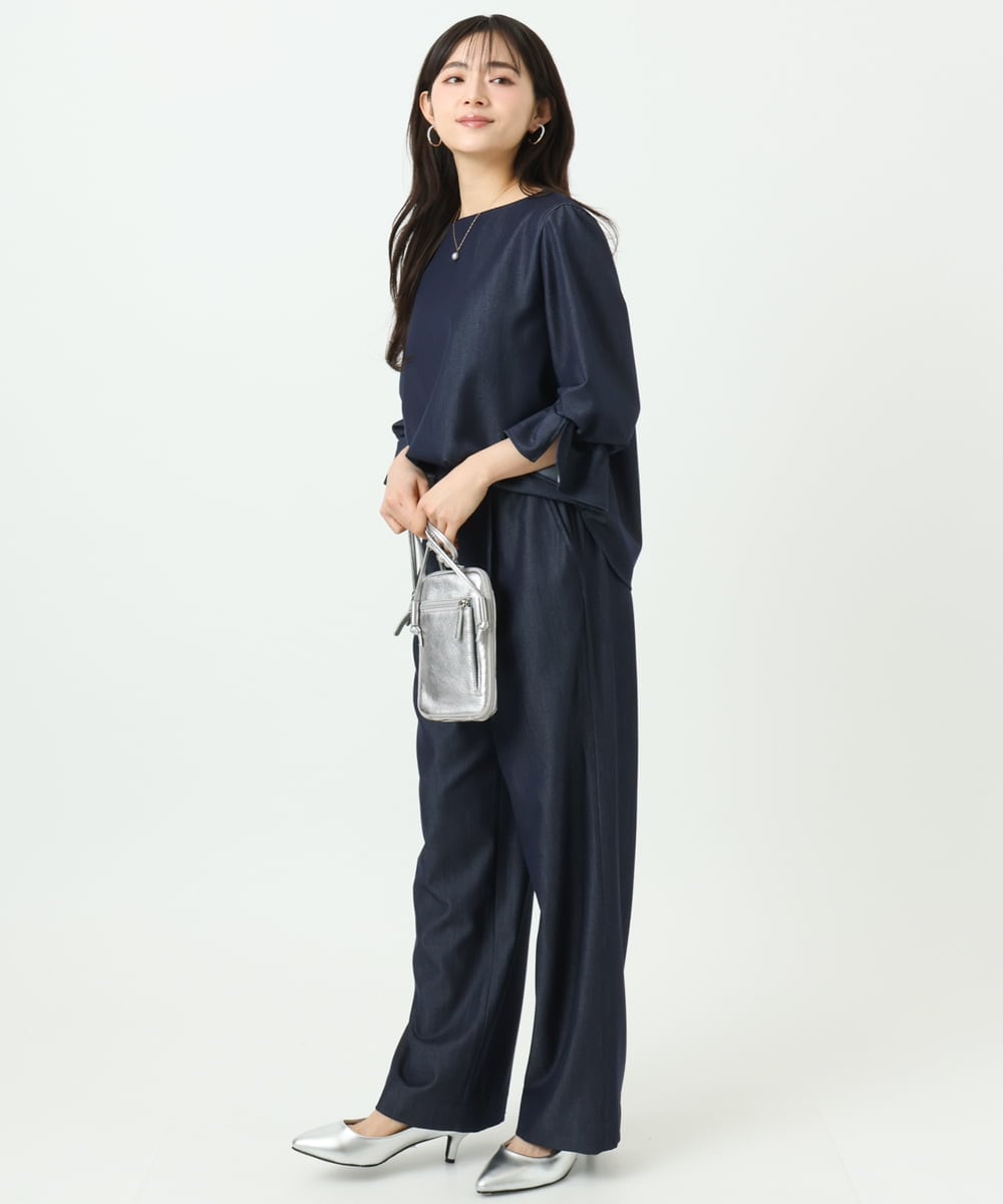 F1BGD36140 MK MICHEL KLEIN(小さいサイズ)(メゾン ドゥ サンク) 【小さいサイズ】[SANAGARAシリーズ]デニムライク キャンディースリーブブラウス/接触冷感/UVカット/洗濯機で洗える ネイビー