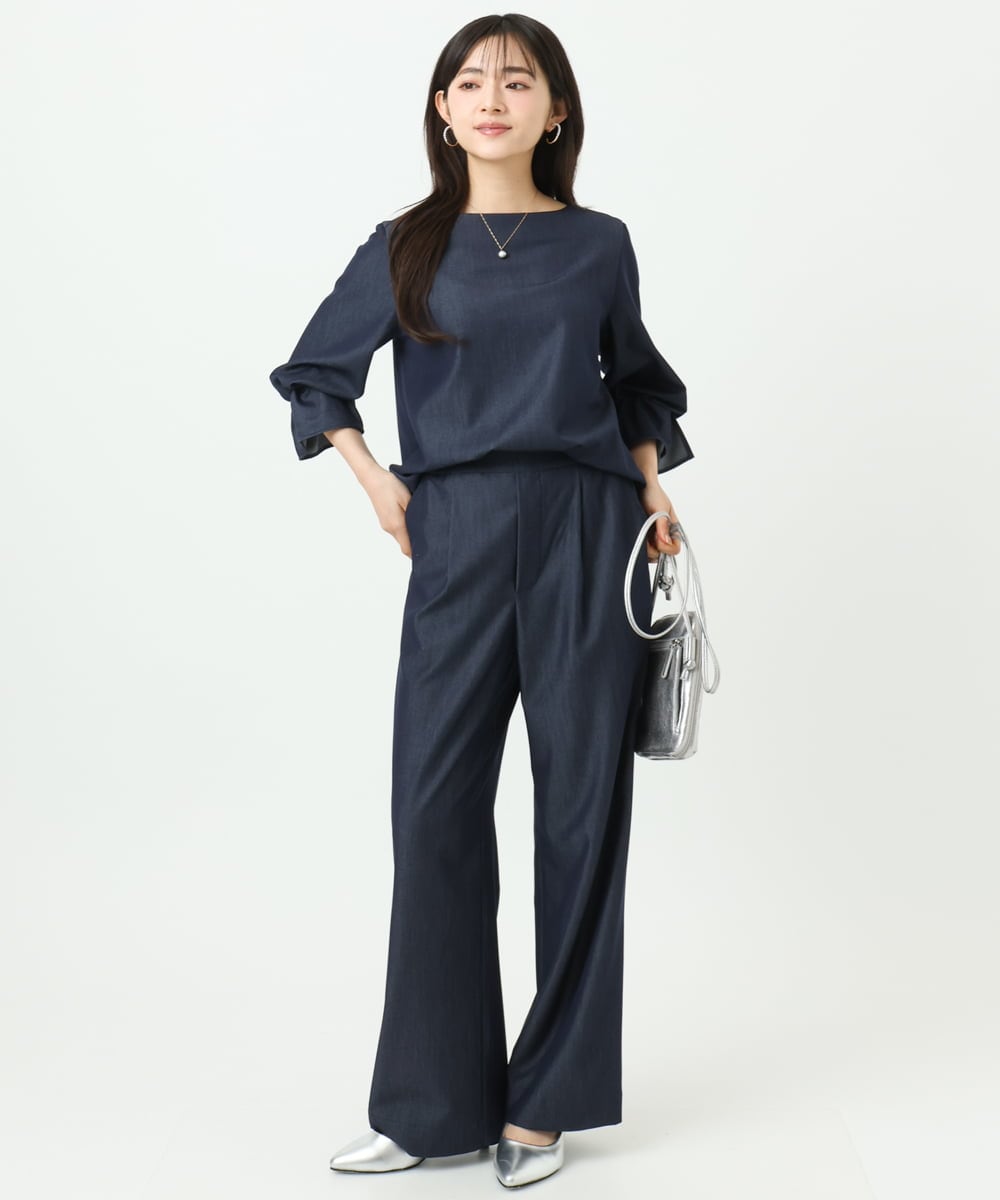 F1BGD36140 MK MICHEL KLEIN(小さいサイズ)(メゾン ドゥ サンク) 【小さいサイズ】[SANAGARAシリーズ]デニムライク キャンディースリーブブラウス/接触冷感/UVカット/洗濯機で洗える ネイビー