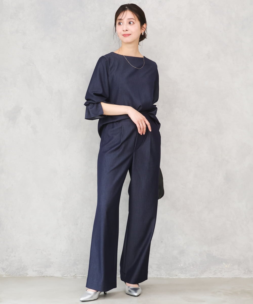 F1BGD36140 MK MICHEL KLEIN(小さいサイズ)(メゾン ドゥ サンク) 【小さいサイズ】[SANAGARAシリーズ]デニムライク キャンディースリーブブラウス/接触冷感/UVカット/洗濯機で洗える ネイビー