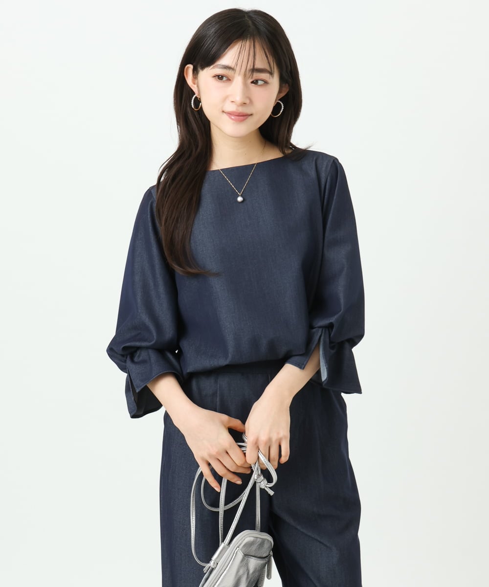 F1BGD36140 MK MICHEL KLEIN(小さいサイズ)(メゾン ドゥ サンク) 【小さいサイズ】[SANAGARAシリーズ]デニムライク キャンディースリーブブラウス/接触冷感/UVカット/洗濯機で洗える ネイビー