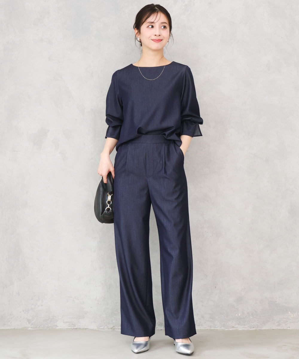 F1BGD36140 MK MICHEL KLEIN(小さいサイズ)(メゾン ドゥ サンク) 【小さいサイズ】[SANAGARAシリーズ]デニムライク キャンディースリーブブラウス/接触冷感/UVカット/洗濯機で洗える ネイビー