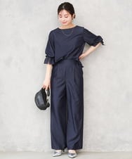 F1BGD36140 MK MICHEL KLEIN(小さいサイズ)(メゾン ドゥ サンク) 【小さいサイズ】[SANAGARAシリーズ]デニムライク キャンディースリーブブラウス/接触冷感/UVカット/洗濯機で洗える ネイビー