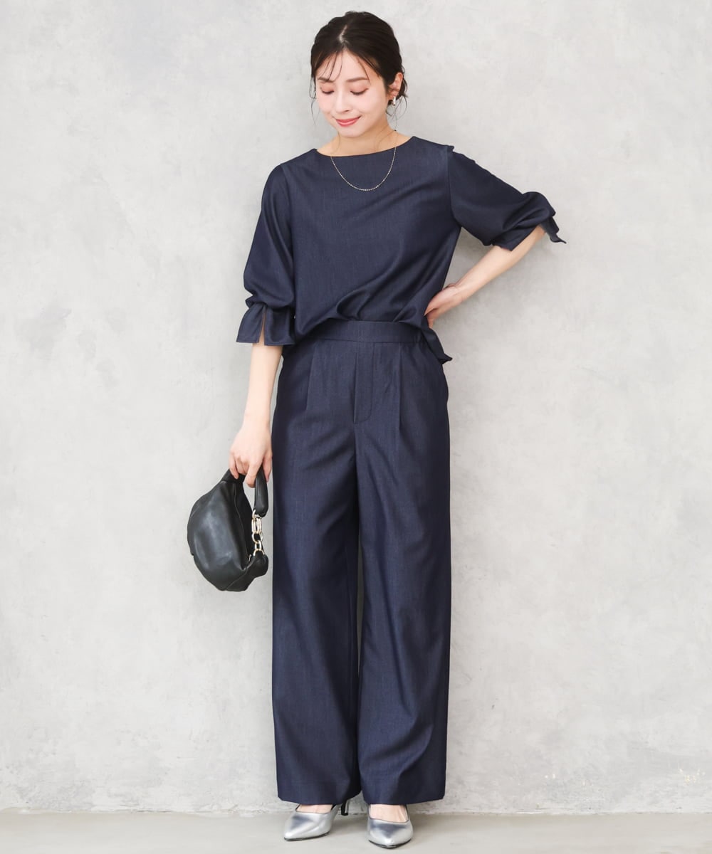 F1BGD36140 MK MICHEL KLEIN(小さいサイズ)(メゾン ドゥ サンク) 【小さいサイズ】[SANAGARAシリーズ]デニムライク キャンディースリーブブラウス/接触冷感/UVカット/洗濯機で洗える ネイビー