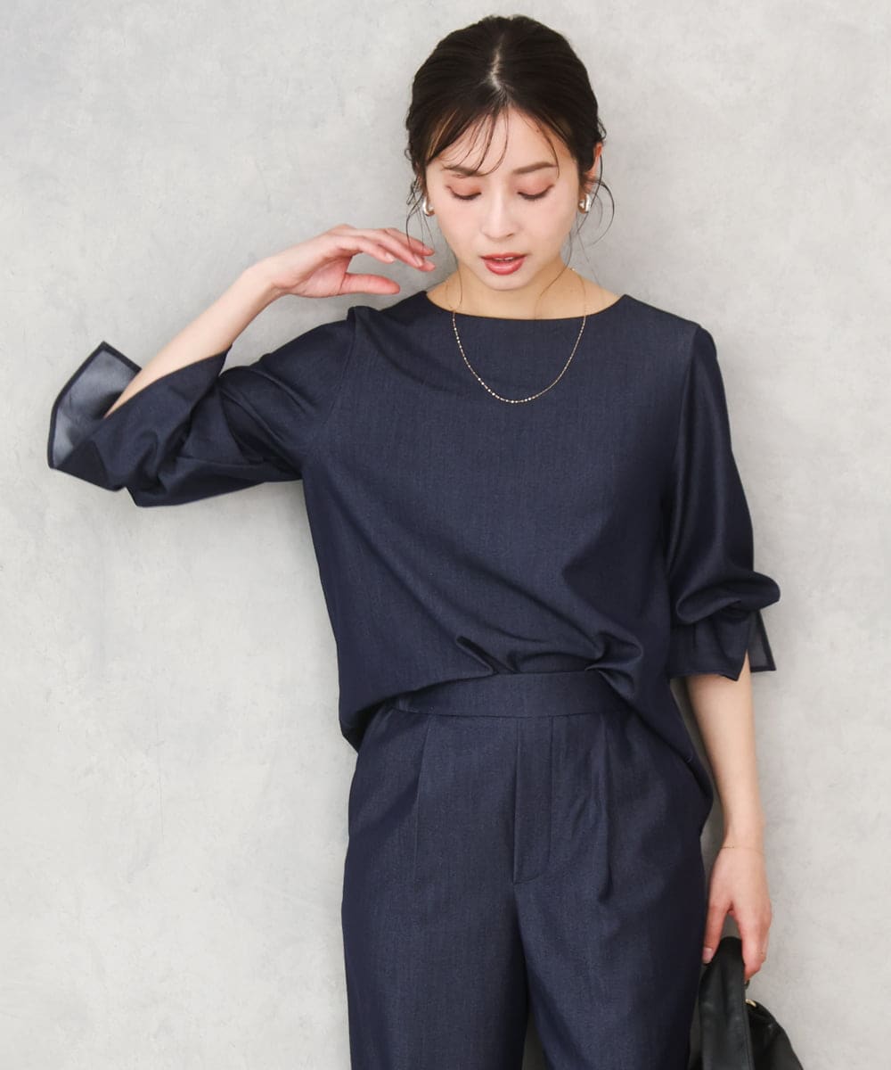 F1BGD36140 MK MICHEL KLEIN(小さいサイズ)(メゾン ドゥ サンク) 【小さいサイズ】[SANAGARAシリーズ]デニムライク キャンディースリーブブラウス/接触冷感/UVカット/洗濯機で洗える ネイビー