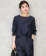 F1BGD36140 MK MICHEL KLEIN(小さいサイズ)(メゾン ドゥ サンク) 【小さいサイズ】[SANAGARAシリーズ]デニムライク キャンディースリーブブラウス/接触冷感/UVカット/洗濯機で洗える ネイビー