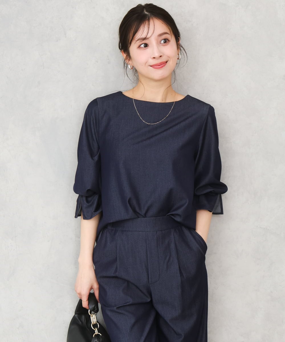 F1BGD36140 MK MICHEL KLEIN(小さいサイズ)(メゾン ドゥ サンク) 【小さいサイズ】[SANAGARAシリーズ]デニムライク キャンディースリーブブラウス/接触冷感/UVカット/洗濯機で洗える ネイビー