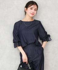 F1BGD36140 MK MICHEL KLEIN(小さいサイズ)(メゾン ドゥ サンク) 【小さいサイズ】[SANAGARAシリーズ]デニムライク キャンディースリーブブラウス/接触冷感/UVカット/洗濯機で洗える ネイビー