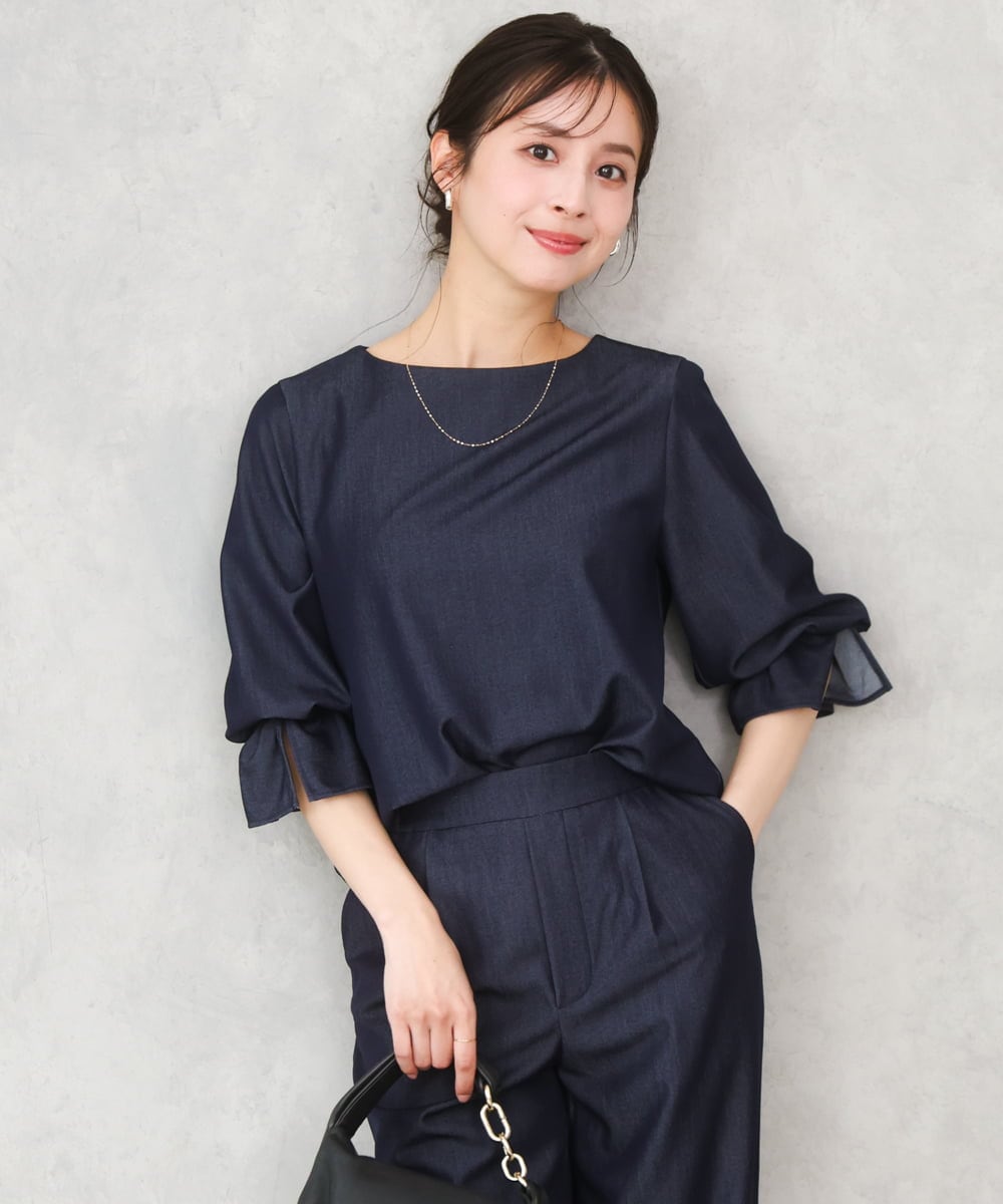 F1BGD36140 MK MICHEL KLEIN(小さいサイズ)(メゾン ドゥ サンク) 【小さいサイズ】[SANAGARAシリーズ]デニムライク キャンディースリーブブラウス/接触冷感/UVカット/洗濯機で洗える ネイビー
