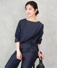 F1BGD36140 MK MICHEL KLEIN(小さいサイズ)(メゾン ドゥ サンク) 【小さいサイズ】[SANAGARAシリーズ]デニムライク キャンディースリーブブラウス/接触冷感/UVカット/洗濯機で洗える ネイビー