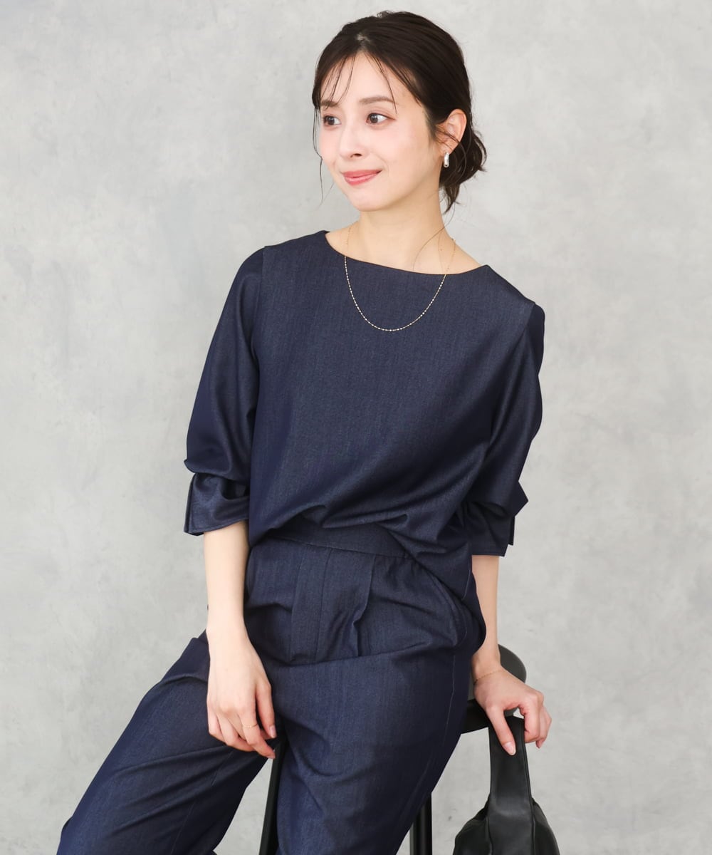 F1BGD36140 MK MICHEL KLEIN(小さいサイズ)(メゾン ドゥ サンク) 【小さいサイズ】[SANAGARAシリーズ]デニムライク キャンディースリーブブラウス/接触冷感/UVカット/洗濯機で洗える ネイビー