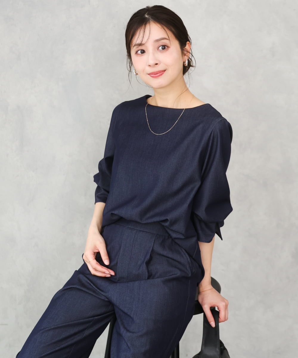 F1BGD36140 MK MICHEL KLEIN(小さいサイズ)(メゾン ドゥ サンク) 【小さいサイズ】[SANAGARAシリーズ]デニムライク キャンディースリーブブラウス/接触冷感/UVカット/洗濯機で洗える ネイビー