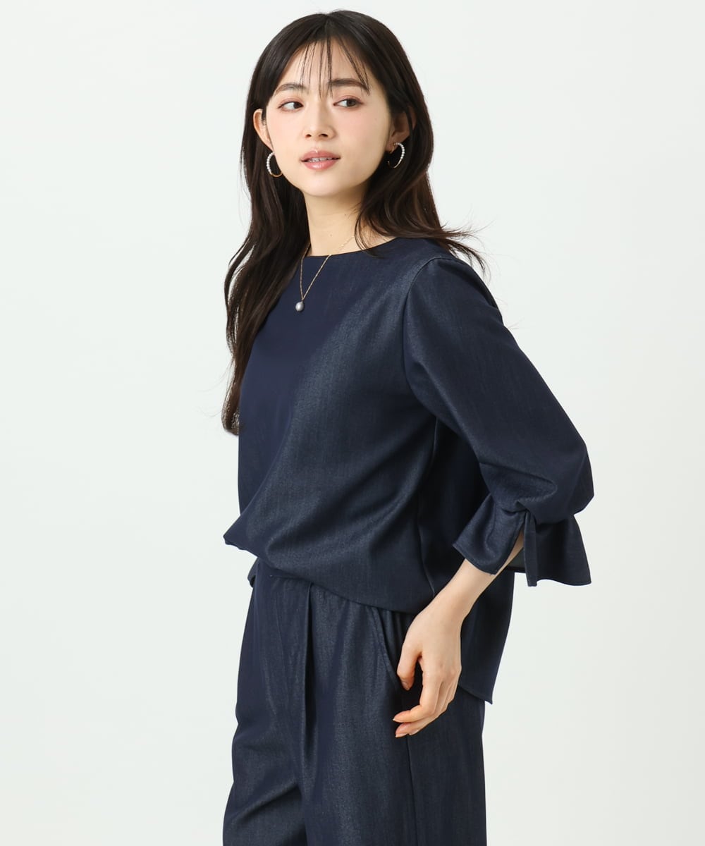 F1BGD36140 MK MICHEL KLEIN(小さいサイズ)(メゾン ドゥ サンク) 【小さいサイズ】[SANAGARAシリーズ]デニムライク キャンディースリーブブラウス/接触冷感/UVカット/洗濯機で洗える ネイビー
