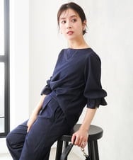 F1BGD36140 MK MICHEL KLEIN(小さいサイズ)(メゾン ドゥ サンク) 【小さいサイズ】[SANAGARAシリーズ]デニムライク キャンディースリーブブラウス/接触冷感/UVカット/洗濯機で洗える ネイビー