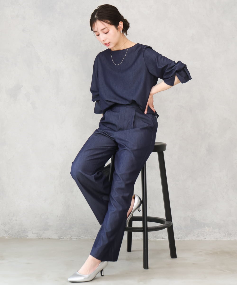 F1BGD36140 MK MICHEL KLEIN(小さいサイズ)(メゾン ドゥ サンク) 【小さいサイズ】[SANAGARAシリーズ]デニムライク キャンディースリーブブラウス/接触冷感/UVカット/洗濯機で洗える ネイビー