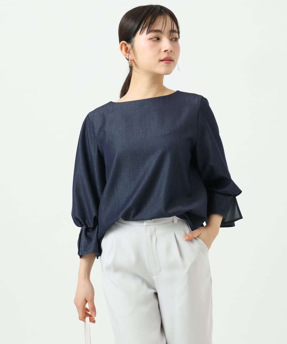 F1BGD36140 MK MICHEL KLEIN(小さいサイズ)(メゾン ドゥ サンク) 【小さいサイズ】[SANAGARAシリーズ]デニムライク キャンディースリーブブラウス/接触冷感/UVカット/洗濯機で洗える ネイビー