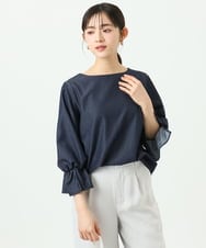 F1BGD36140 MK MICHEL KLEIN(小さいサイズ)(メゾン ドゥ サンク) 【小さいサイズ】[SANAGARAシリーズ]デニムライク キャンディースリーブブラウス/接触冷感/UVカット/洗濯機で洗える ネイビー