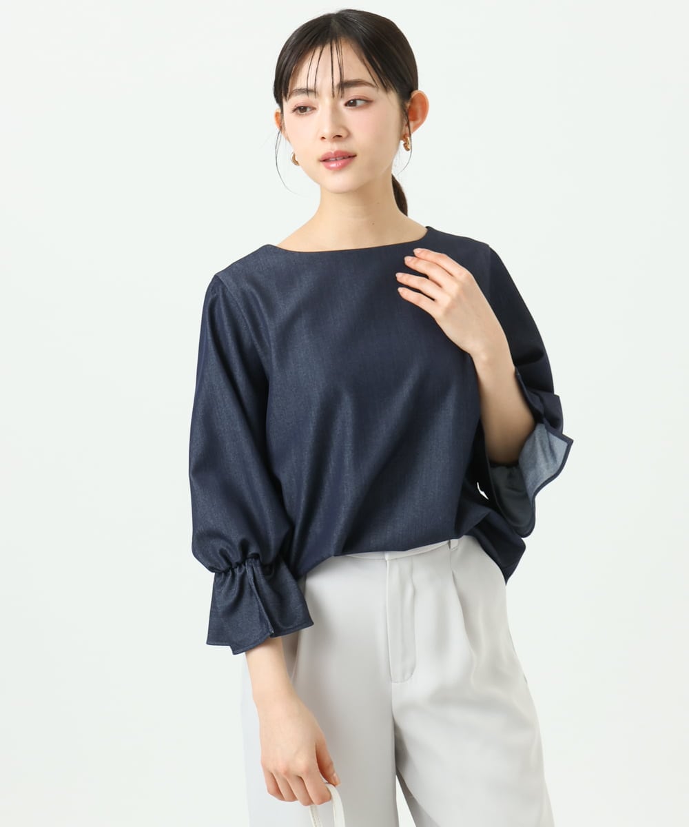 F1BGD36140 MK MICHEL KLEIN(小さいサイズ)(メゾン ドゥ サンク) 【小さいサイズ】[SANAGARAシリーズ]デニムライク キャンディースリーブブラウス/接触冷感/UVカット/洗濯機で洗える ネイビー