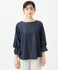 F1BGD36140 MK MICHEL KLEIN(小さいサイズ)(メゾン ドゥ サンク) 【小さいサイズ】[SANAGARAシリーズ]デニムライク キャンディースリーブブラウス/接触冷感/UVカット/洗濯機で洗える ネイビー