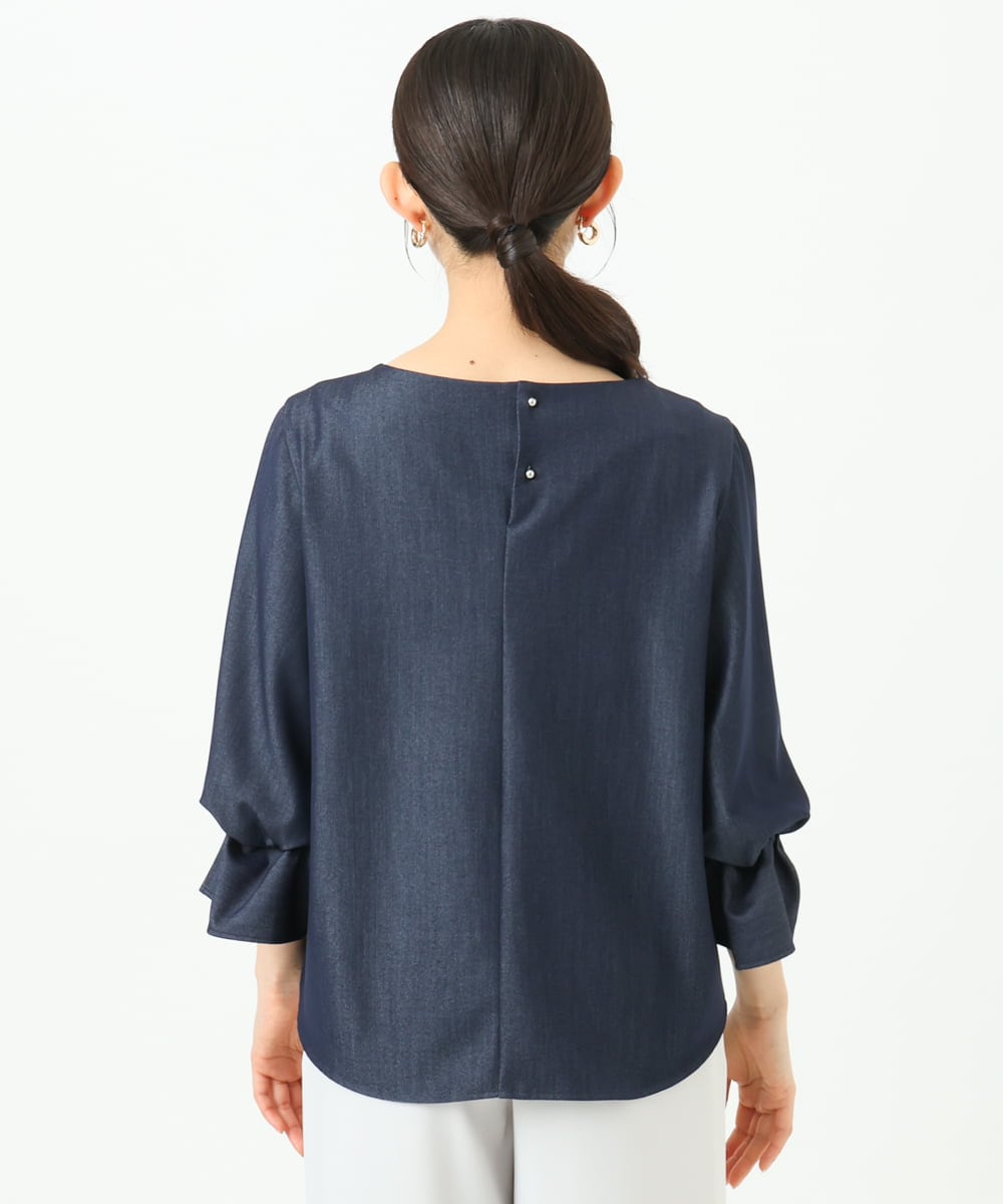 F1BGD36140 MK MICHEL KLEIN(小さいサイズ)(メゾン ドゥ サンク) 【小さいサイズ】[SANAGARAシリーズ]デニムライク キャンディースリーブブラウス/接触冷感/UVカット/洗濯機で洗える ネイビー