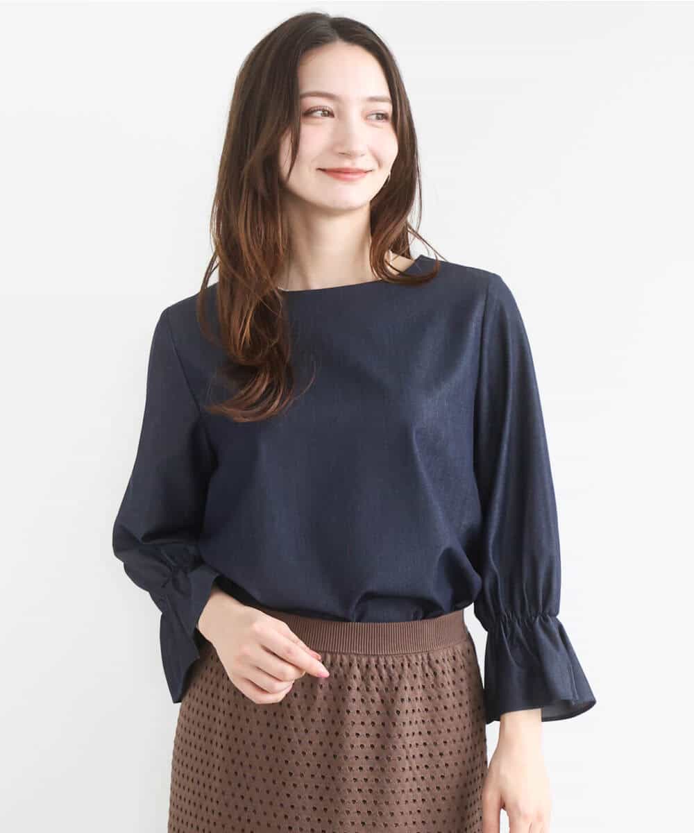 F1BGD36140 MK MICHEL KLEIN(小さいサイズ)(メゾン ドゥ サンク) 【小さいサイズ】[SANAGARAシリーズ]デニムライク キャンディースリーブブラウス/接触冷感/UVカット/洗濯機で洗える ネイビー