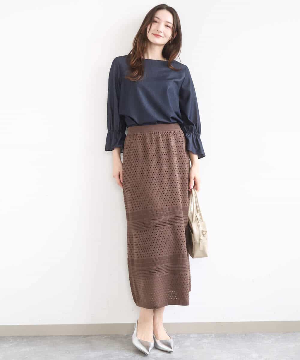 F1BGD36140 MK MICHEL KLEIN(小さいサイズ)(メゾン ドゥ サンク) 【小さいサイズ】[SANAGARAシリーズ]デニムライク キャンディースリーブブラウス/接触冷感/UVカット/洗濯機で洗える ネイビー