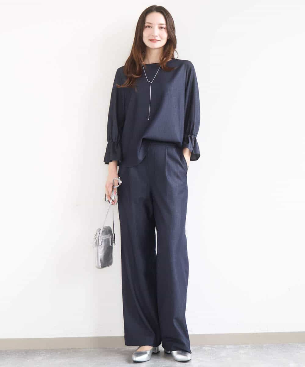 F1BGD36140 MK MICHEL KLEIN(小さいサイズ)(メゾン ドゥ サンク) 【小さいサイズ】[SANAGARAシリーズ]デニムライク キャンディースリーブブラウス/接触冷感/UVカット/洗濯機で洗える ネイビー