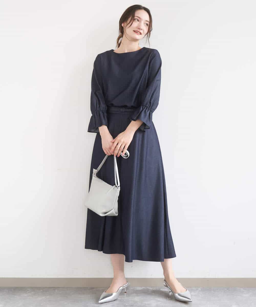 F1BGD36140 MK MICHEL KLEIN(小さいサイズ)(メゾン ドゥ サンク) 【小さいサイズ】[SANAGARAシリーズ]デニムライク キャンディースリーブブラウス/接触冷感/UVカット/洗濯機で洗える ネイビー