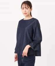 F1BGD36140 MK MICHEL KLEIN(小さいサイズ)(メゾン ドゥ サンク) 【小さいサイズ】[SANAGARAシリーズ]デニムライク キャンディースリーブブラウス/接触冷感/UVカット/洗濯機で洗える ネイビー