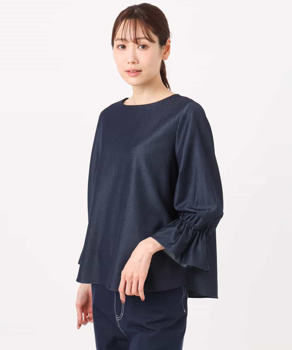 F1BGD36140 MK MICHEL KLEIN(小さいサイズ)(メゾン ドゥ サンク) 【小さいサイズ】[SANAGARAシリーズ]デニムライク キャンディースリーブブラウス/接触冷感/UVカット/洗濯機で洗える ネイビー