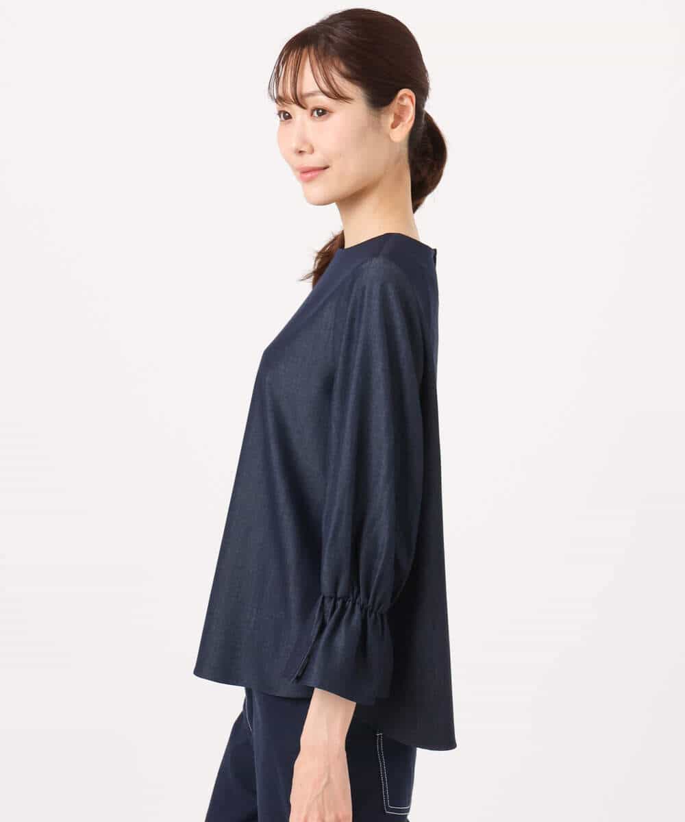F1BGD36140 MK MICHEL KLEIN(小さいサイズ)(メゾン ドゥ サンク) 【小さいサイズ】[SANAGARAシリーズ]デニムライク キャンディースリーブブラウス/接触冷感/UVカット/洗濯機で洗える ネイビー