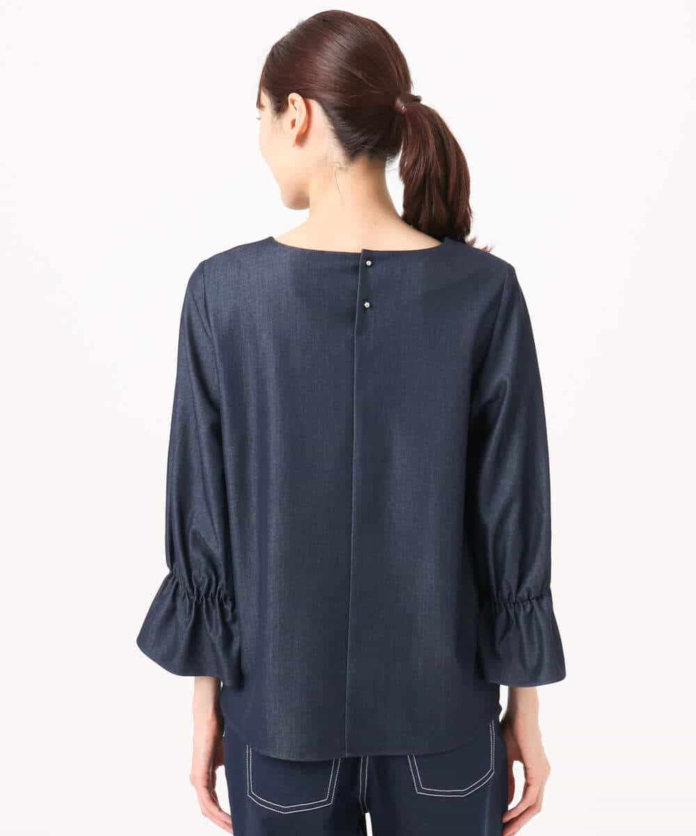 F1BGD36140 MK MICHEL KLEIN(小さいサイズ)(メゾン ドゥ サンク) 【小さいサイズ】[SANAGARAシリーズ]デニムライク キャンディースリーブブラウス/接触冷感/UVカット/洗濯機で洗える ネイビー