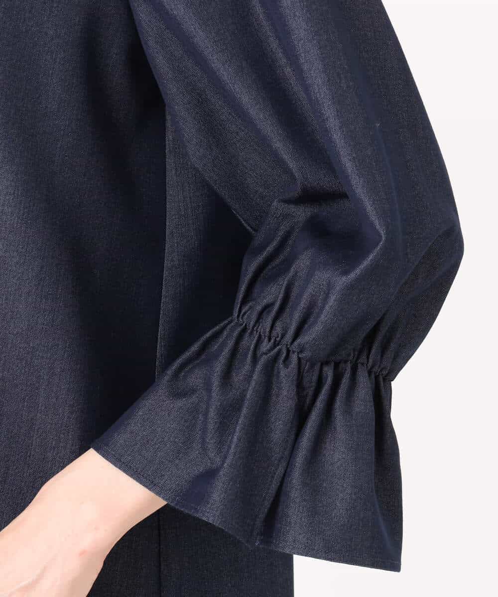 F1BGD36140 MK MICHEL KLEIN(小さいサイズ)(メゾン ドゥ サンク) 【小さいサイズ】[SANAGARAシリーズ]デニムライク キャンディースリーブブラウス/接触冷感/UVカット/洗濯機で洗える ネイビー
