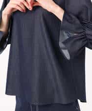 F1BGD36140 MK MICHEL KLEIN(小さいサイズ)(メゾン ドゥ サンク) 【小さいサイズ】[SANAGARAシリーズ]デニムライク キャンディースリーブブラウス/接触冷感/UVカット/洗濯機で洗える ネイビー