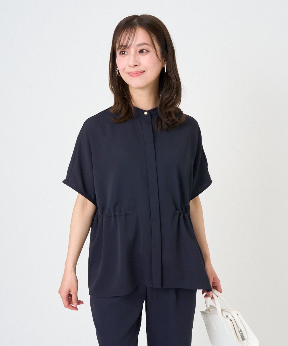 F1BGD44160 MK MICHEL KLEIN(小さいサイズ)(メゾン ドゥ サンク) 【小さいサイズ】[UVカット/接触冷感/防シワ/通気性/洗濯機で洗える]バンドカラーブラウス ネイビー