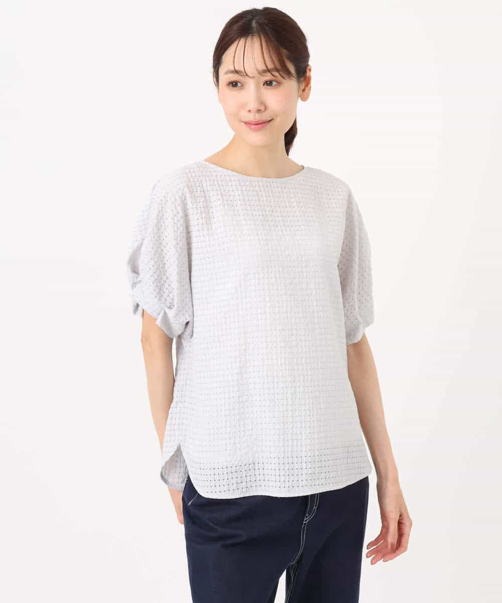 F1BGD45160 MK MICHEL KLEIN(小さいサイズ)(メゾン ドゥ サンク) 【小さいサイズ】[洗える]シアーチェック柄タックスリーブブラウス ライトグレー