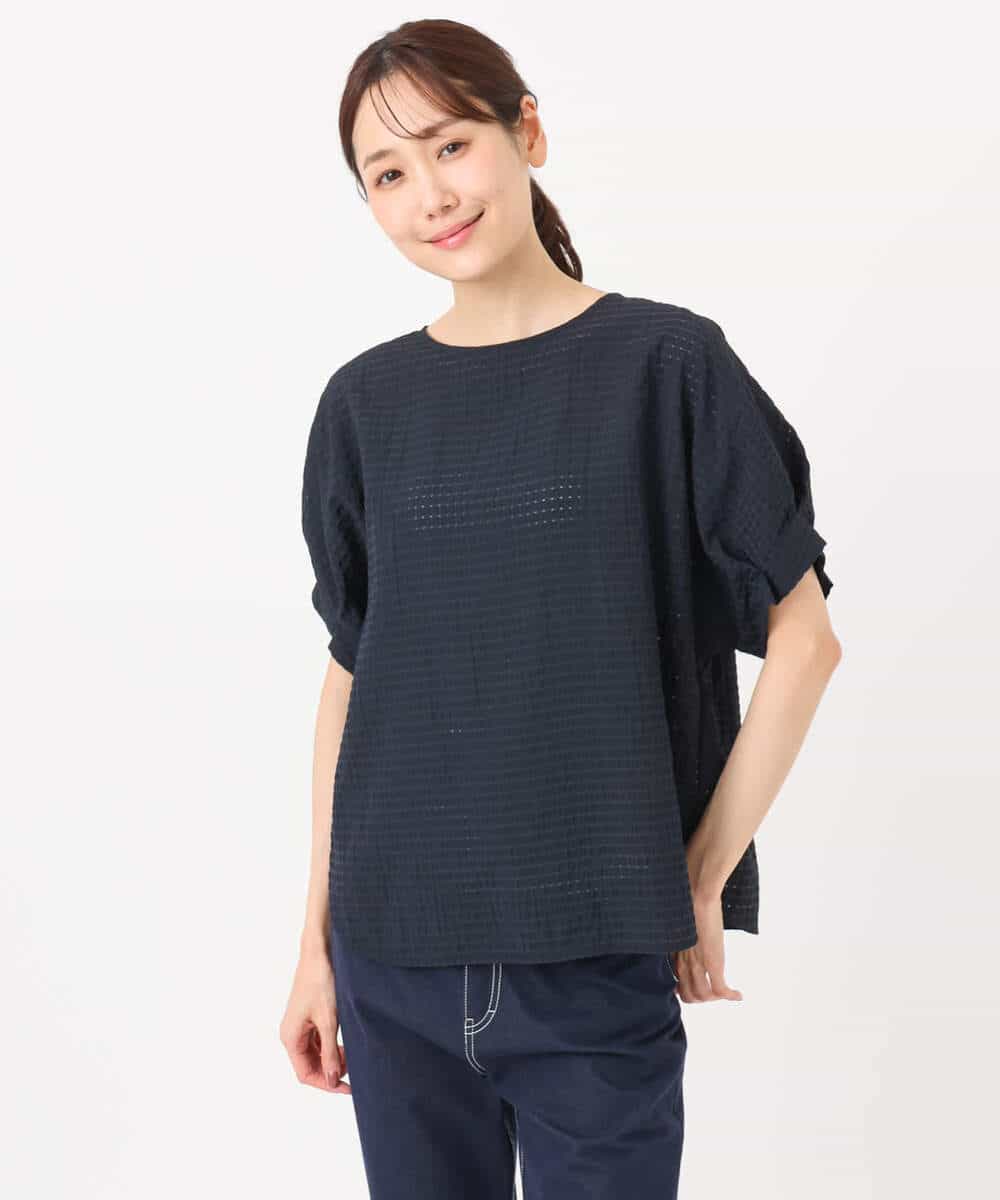 F1BGD45160 MK MICHEL KLEIN(小さいサイズ)(メゾン ドゥ サンク) 【小さいサイズ】[洗える]シアーチェック柄タックスリーブブラウス ライトグレー