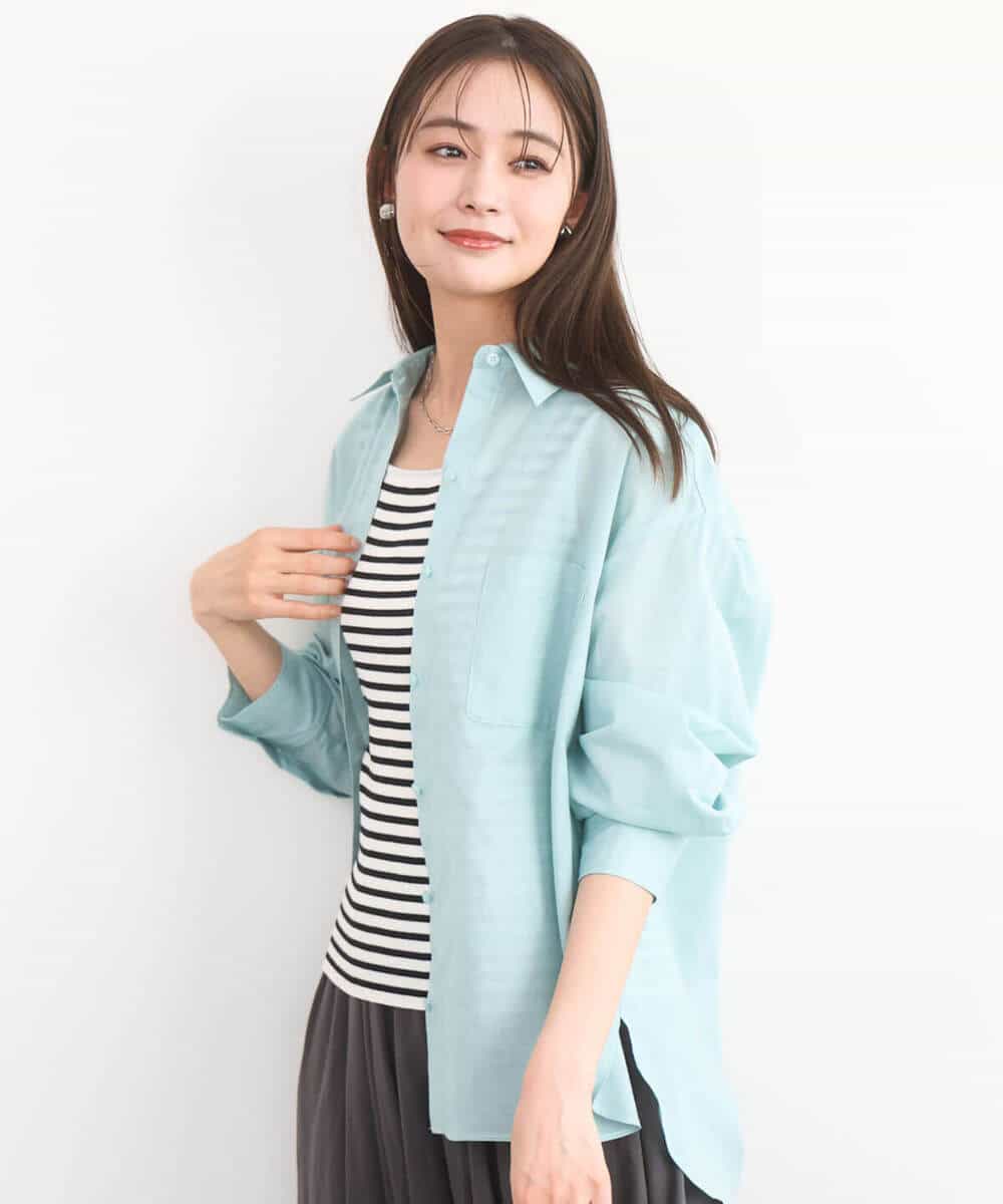 F1BGD47150 MK MICHEL KLEIN(小さいサイズ)(メゾン ドゥ サンク) 【小さいサイズ】リネン混カラーシャツブラウス/接触冷感/洗える ライトターコイズ