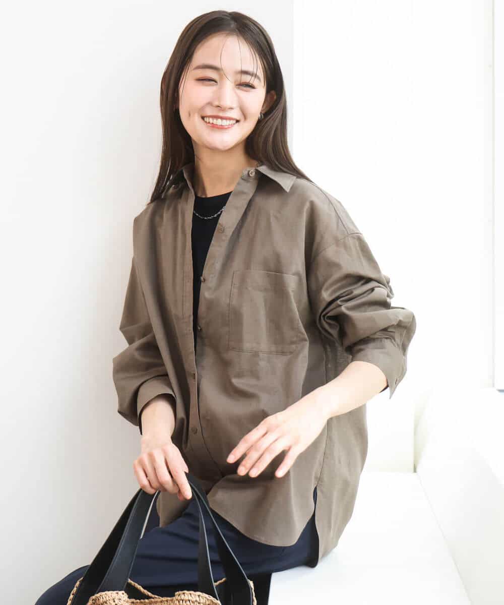 F1BGD47150 MK MICHEL KLEIN(小さいサイズ)(メゾン ドゥ サンク) 【小さいサイズ】リネン混カラーシャツブラウス/接触冷感/洗える ブラウン