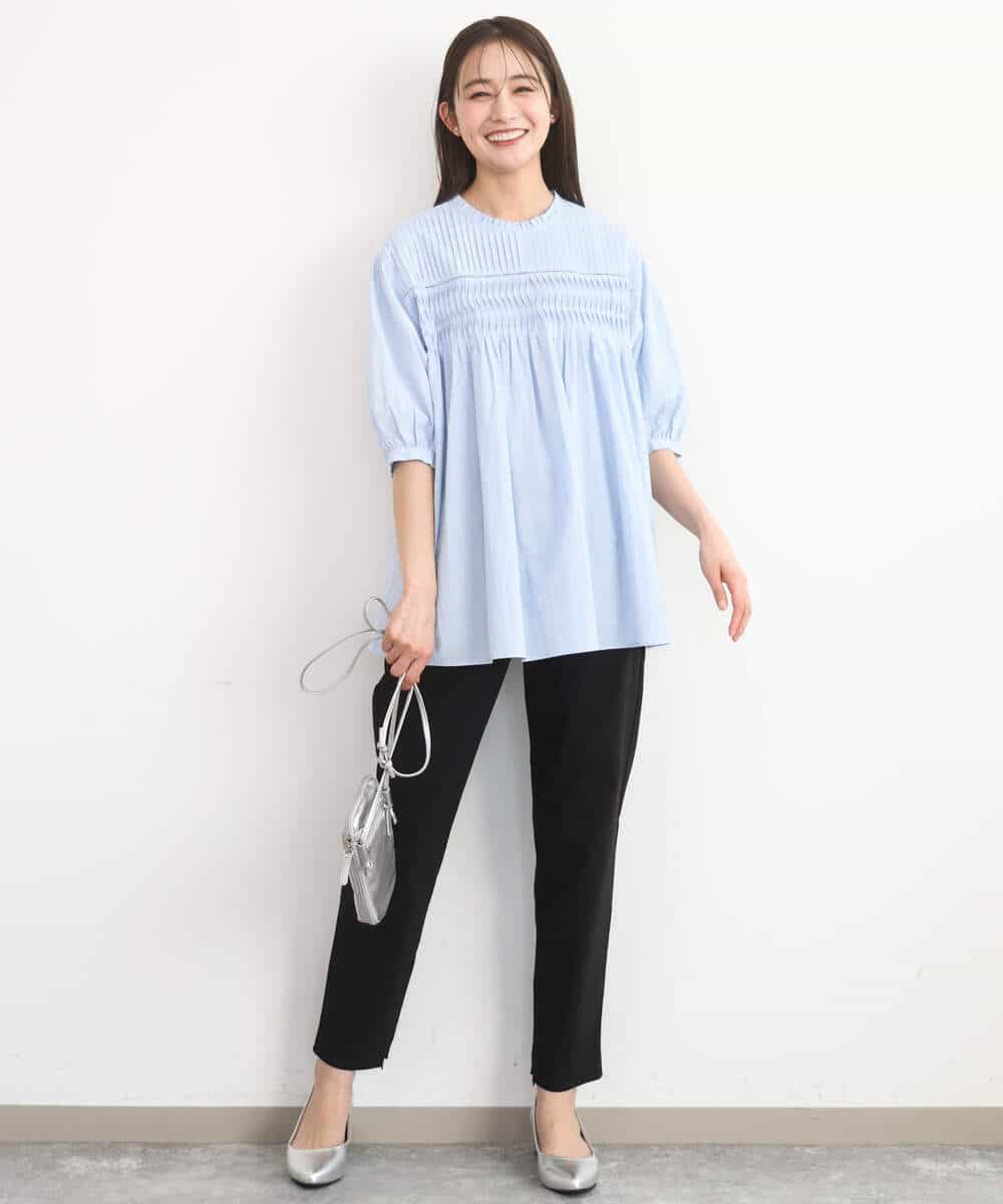 F1BGD48180 MK MICHEL KLEIN(小さいサイズ)(メゾン ドゥ サンク) 【小さいサイズ】コットンピンタックチュニックブラウス/洗える ライトブルー