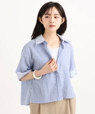 F1BGD50160 MK MICHEL KLEIN(小さいサイズ)(メゾン ドゥ サンク) 【小さいサイズ】[洗える]ストライプレース五分袖シャツブラウス ブルー
