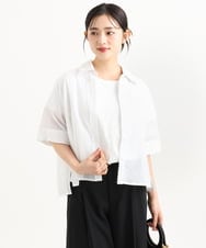 F1BGD50160 MK MICHEL KLEIN(小さいサイズ)(メゾン ドゥ サンク) 【小さいサイズ】[洗える]ストライプレース五分袖シャツブラウス ブルー