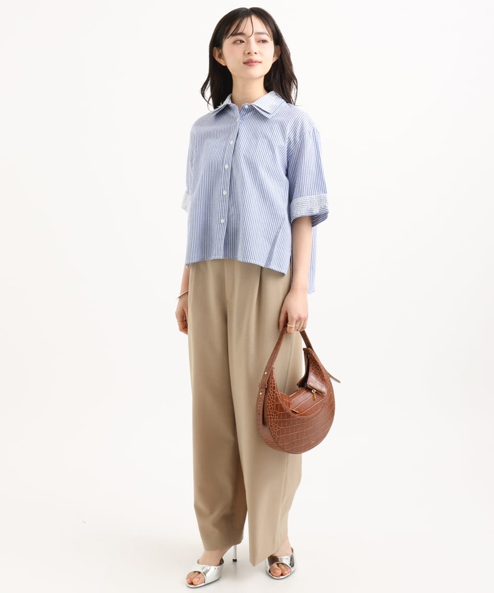 F1BGD50160 MK MICHEL KLEIN(小さいサイズ)(メゾン ドゥ サンク) 【小さいサイズ】[洗える]ストライプレース五分袖シャツブラウス ブルー