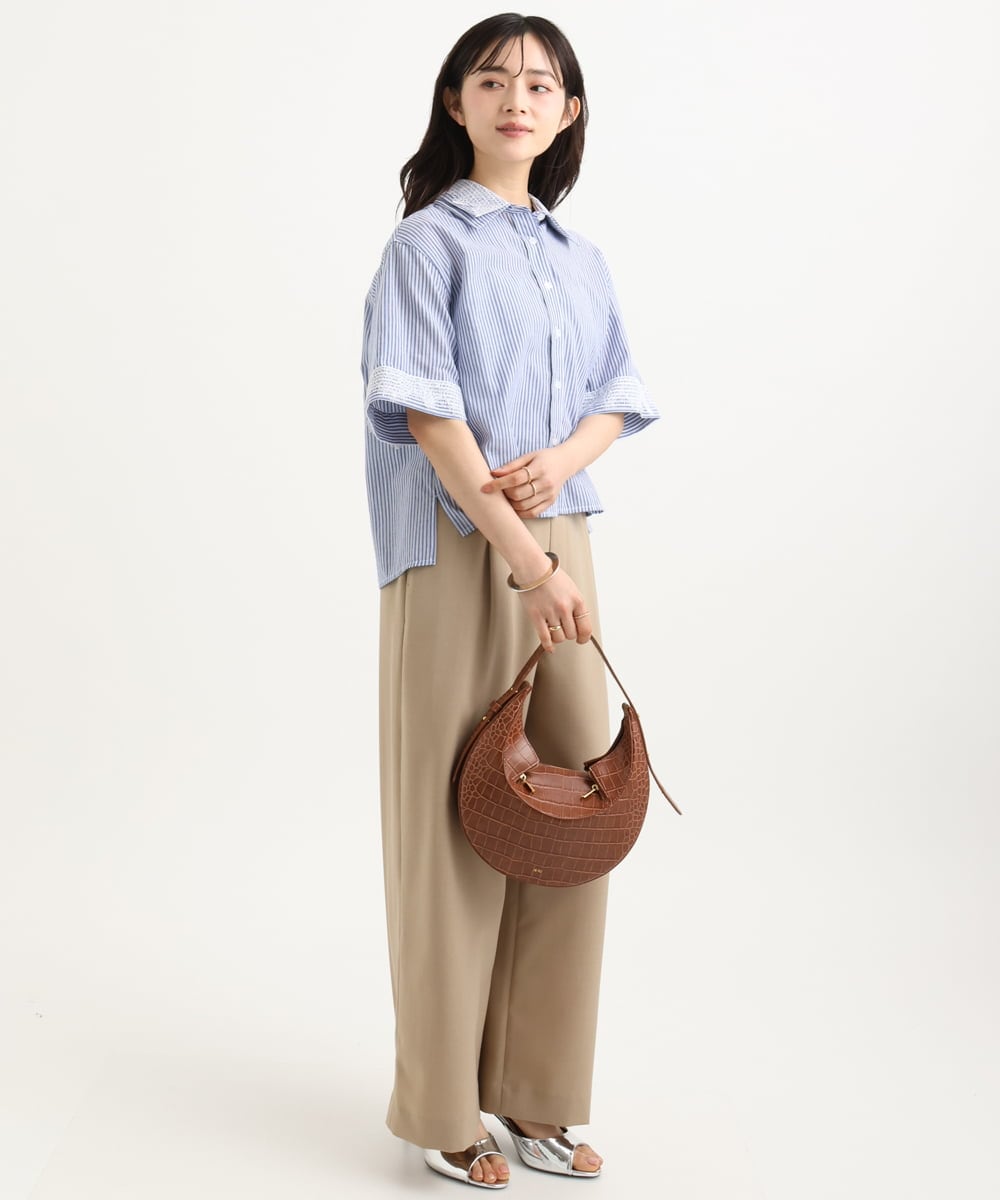F1BGD50160 MK MICHEL KLEIN(小さいサイズ)(メゾン ドゥ サンク) 【小さいサイズ】[洗える]ストライプレース五分袖シャツブラウス ブルー