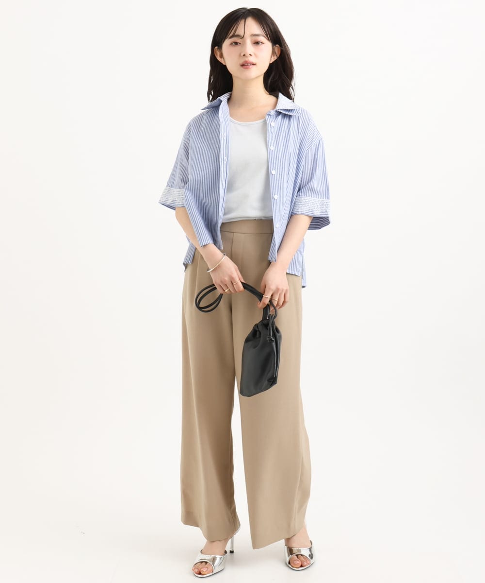 F1BGD50160 MK MICHEL KLEIN(小さいサイズ)(メゾン ドゥ サンク) 【小さいサイズ】[洗える]ストライプレース五分袖シャツブラウス ブルー