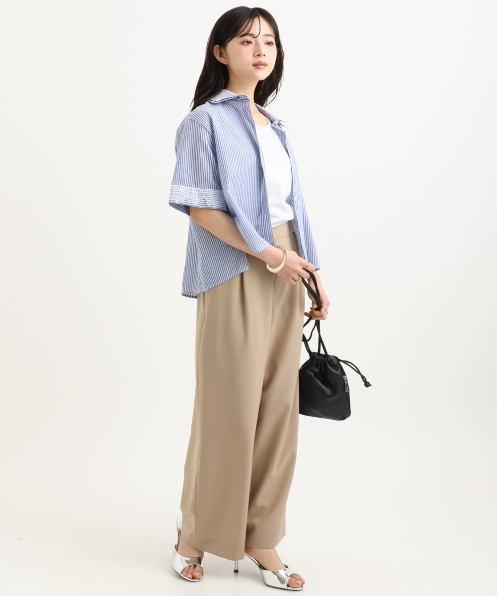 F1BGD50160 MK MICHEL KLEIN(小さいサイズ)(メゾン ドゥ サンク) 【小さいサイズ】[洗える]ストライプレース五分袖シャツブラウス ブルー