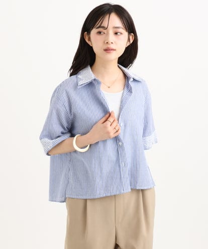 F1BGD50160 MK MICHEL KLEIN(小さいサイズ) 【小さいサイズ】[洗える]ストライプレース五分袖シャツブラウス